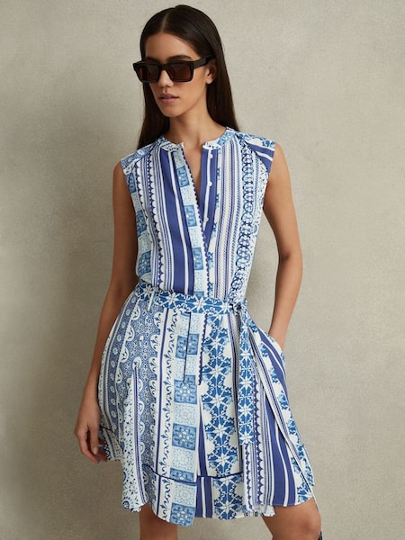 Tile Print Belted Mini Dress in Blue (846745) | £178
