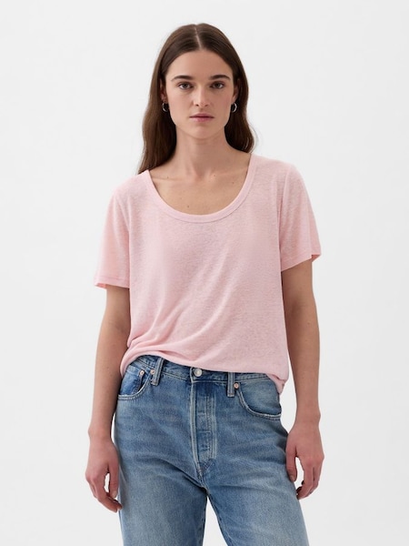 Pink Linen Blend Short Sleeve Scoop Neck T-Shirt (853274) | £20