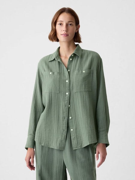 Green Crinkle Cotton Long Sleeve Oversize Shirt (853308) | £35