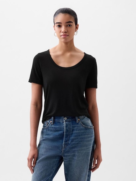 Black Linen Blend Short Sleeve Scoop Neck T-Shirt (853495) | £20