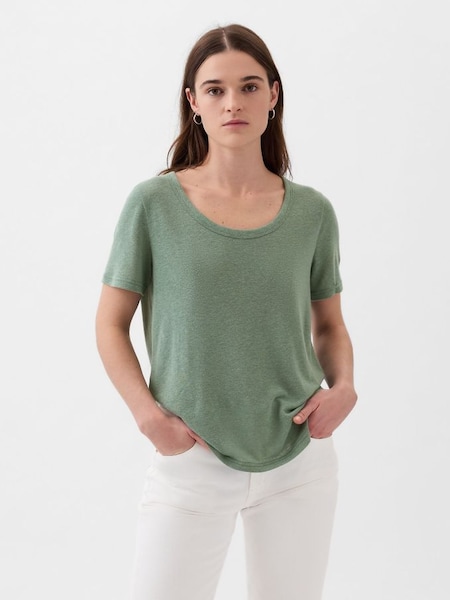 Green Linen Blend Short Sleeve Scoop Neck T-Shirt (853688) | £20
