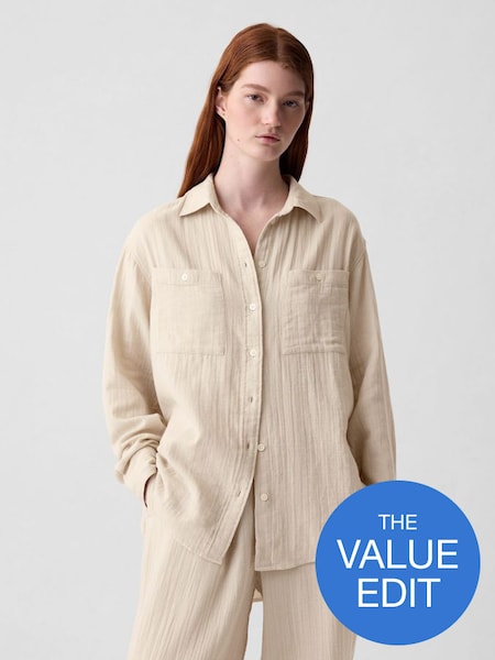 Beige Crinkle Cotton Long Sleeve Big Shirt (853763) | £35