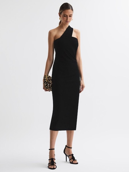 Velvet One-Shoulder Midi Dress in Black (854286) | £58