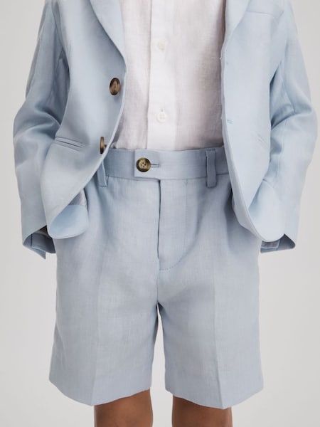 Junior Slim Fit Linen Adjustable Shorts in Soft Blue (855246) | £38