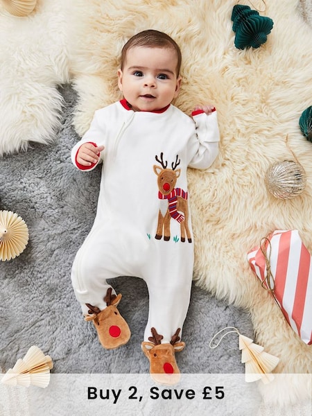 Reindeer Appliqué Zip Sleepsuit in Cream (866789) | £23