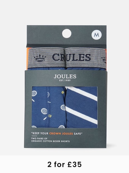 Crown Joules Blue Tennis Cotton Boxer Briefs (2 Pack) (887044) | £19.95
