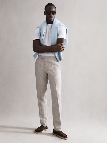 Slim Fit Linen Puppytooth Trousers in Oatmeal Melange (899516) | £75