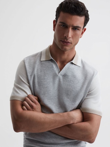 Open Collar Striped T-Shirt in Soft Grey/White (905933) | £60