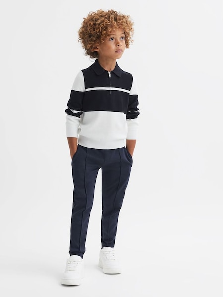 Senior Slim Fit Half-Zip Long Sleeve Polo Shirt in Navy/White (910699) | £42