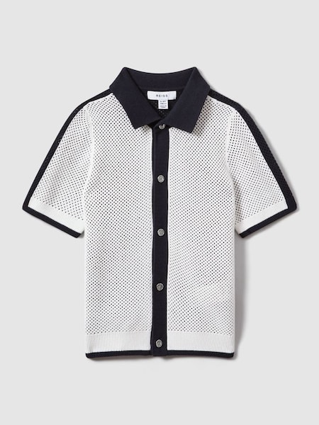 Teen Cotton Blend Open Stitch Shirt in Navy/Optic White (913904) | £46