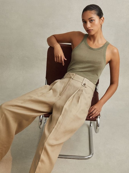 Petite Linen Front Pleat Trousers in Light Khaki (913956) | £178