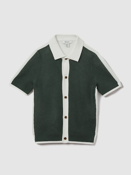 Teen Cotton Blend Open Stitch Shirt in Green/Optic White (914382) | £46