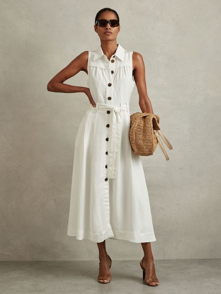 Viscose Linen Belted Midi Dress in White (914498) | £178