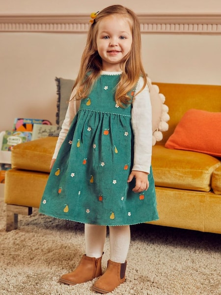 Fruit & Flower Embroidered Cord Dress in Green (931816) | £26.50