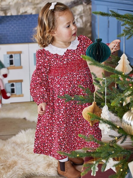 Red Girls' Winter Blossom Smocked Party Dress (933210) | £36