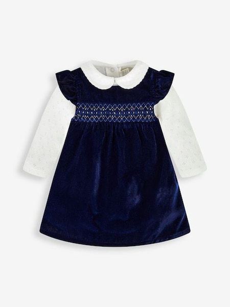 Girls' 2-Piece Smocked Velvet Baby Dress & Body Set in Navy Blue (945464) | £34