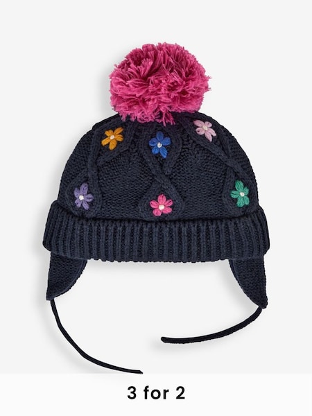 Girls' Floral Embroidered Cable Hat in Navy (945775) | £16.50