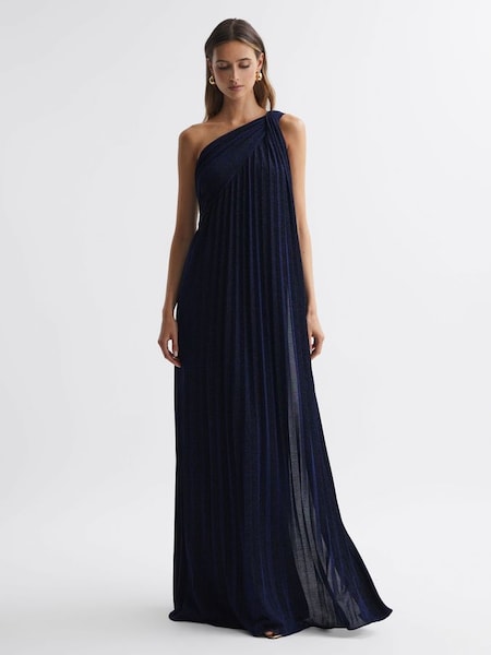 Halston Pleated One-Shoulder Maxi Dress in Navy (946188) | £529