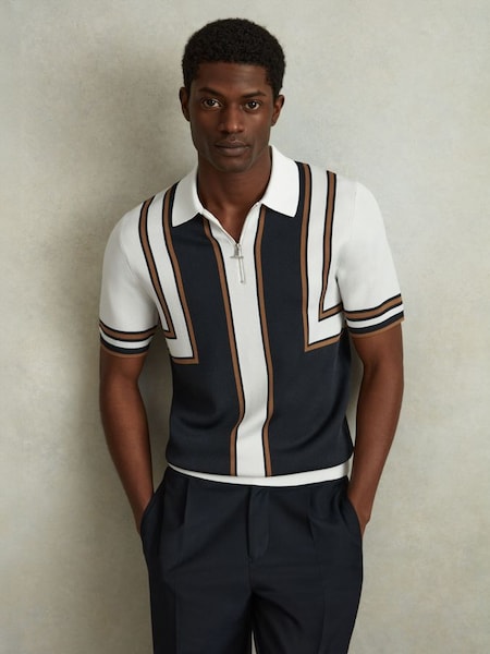 Knitted Half Zip Polo Shirt in Navy/White (947231) | £118