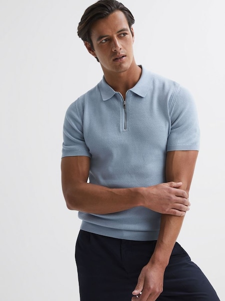 Knitted Half-Zip Polo T-Shirt in Soft Blue (951033) | £70