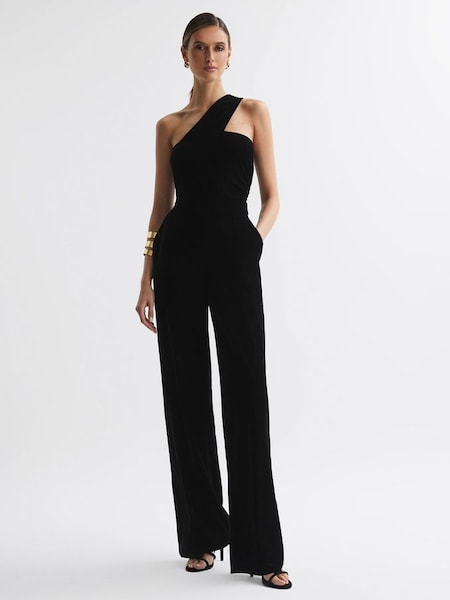 Velvet One-Shoulder Jumpsuit in Black (952772) | £68