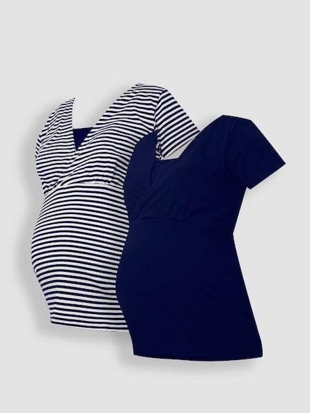 Blue White Stripe & Navy Blue 2-Pack Maternity & Nursing T-Shirts (958881) | £36