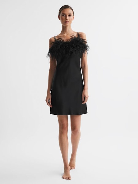 Sleeper Feather Mini Slip Dress in Black (972983) | £168