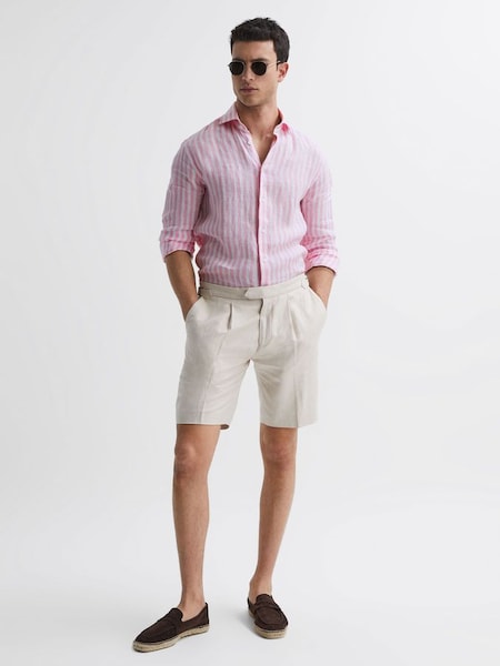 Linen Long Sleeve Shirt in Soft Pink Herringbone Stripe (974248) | £70