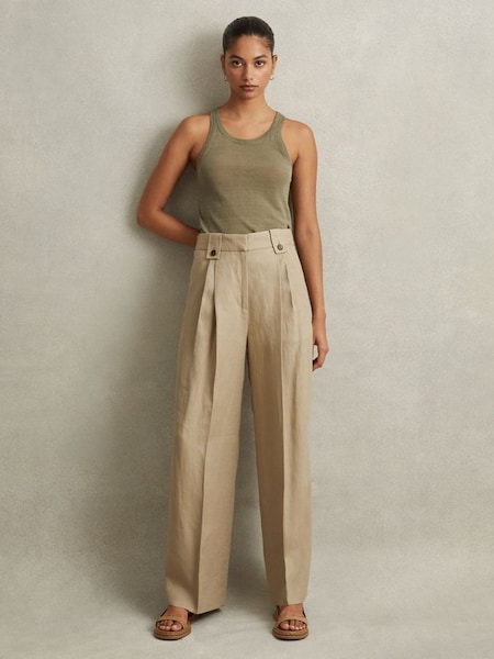 Linen Front Pleat Trousers in Light Khaki (980291) | £178