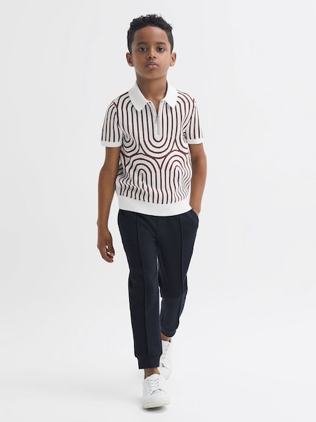 Senior Half-Zip Striped Polo T-Shirt in White/Brown (985750) | £25