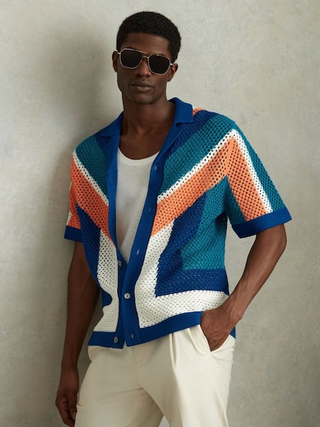 Cotton Blend Crochet Cuban Collar Shirt in Bright Multi (990415) | £158