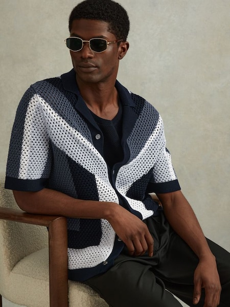 Cotton Blend Crochet Cuban Collar Shirt in Navy Multi (990620) | £158