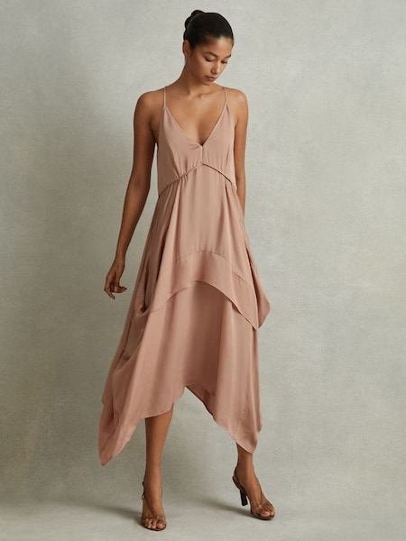 Viscose Side Pleat Asymmetric Midi Dress in Nude (990783) | £238