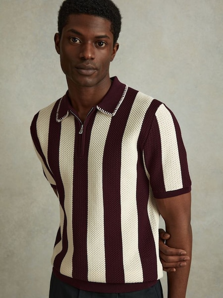 Knitted Half-Zip Polo Shirt in White/Bordeaux (990885) | £128