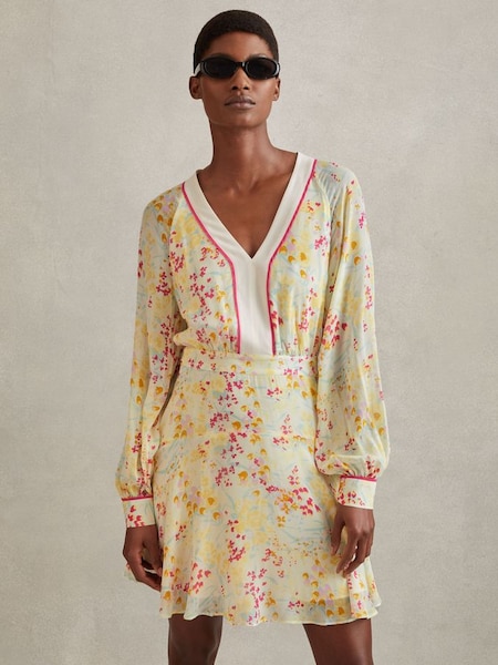 Floral Print Puff Sleeve Mini Dress in Pink/Yellow (990909) | £188