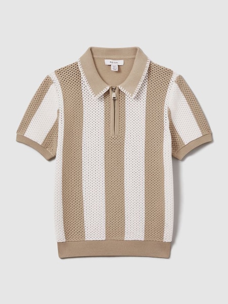 Knitted Striped Half Zip Polo Shirt in Brown (991238) | £52