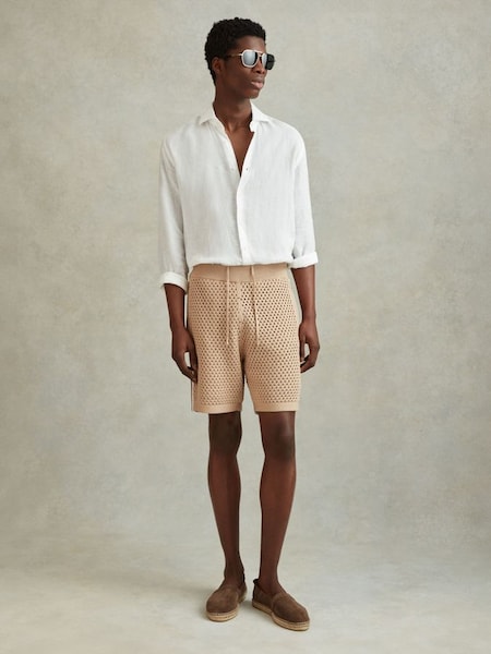 Cotton Blend Crochet Drawstring Shorts in Soft Taupe (991290) | £128