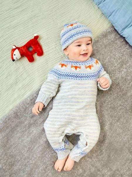Fox Fair Isle Knitted Baby All-In-One in Marl Grey (9DL452) | £29.50