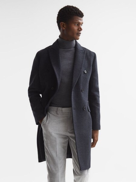 Double Breasted Long Wool Overcoat in Airforce Blue Melange (A11873) | £180