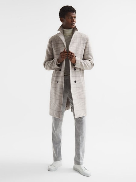 Double Breasted Long Checked Overcoat in Soft Grey (A11887) | £155