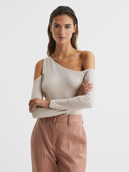 Asymmetric Off Shoulder Top in Champagne (A11943) | £25