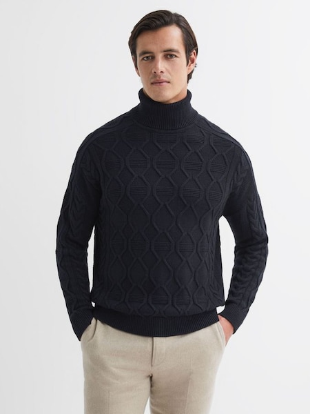 Cable Knitted Roll Neck Jumper in Navy (A43540) | £90