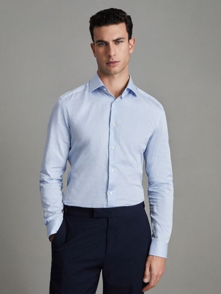 Slim Fit Cotton Satin Striped Cutaway Collar Shirt in Blue Stripe (A76350) | £78