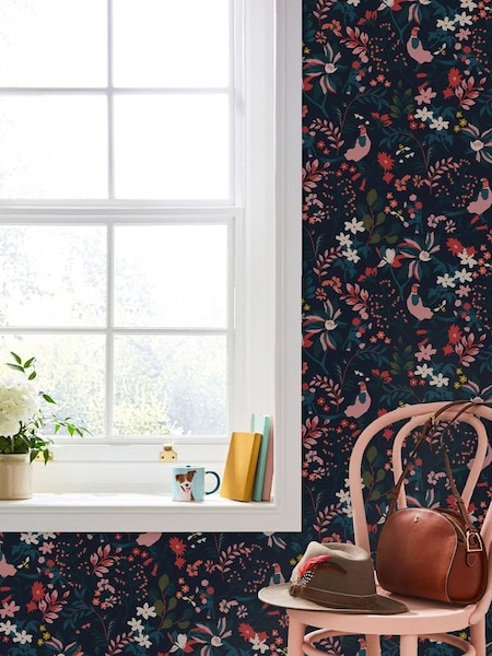 French Navy Fields Edge Floral Wallpaper Wallpaper (A83667) | £48