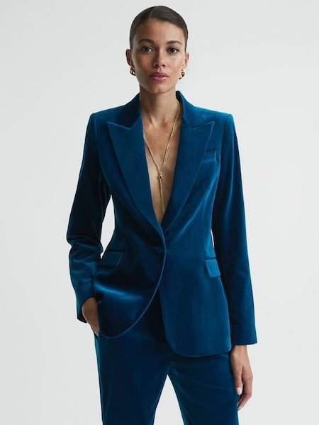 Velvet Single Breasted Suit Blazer in Blue (A87024) | £198