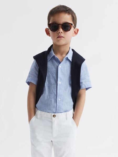 Junior Short Sleeve Linen Shirt in Soft Blue (A88383) | £34