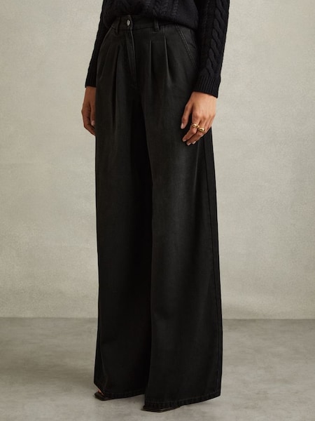 Petite Double Pleat Wide Leg Jeans in Black (AA1970) | £138