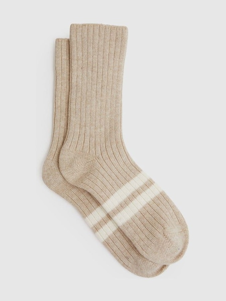 Wool Blend Ribbed Crew Socks in Oatmeal (AB9113) | £18