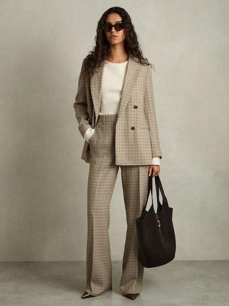 Petite Wool Double-Breasted Houndstooth-Check Blazer in Brown Check (AB9313) | £278
