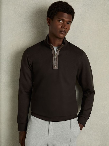 Leather-Placket Interlock-Jersey Sweatshirt in Chocolate Brown (AD0116) | £118